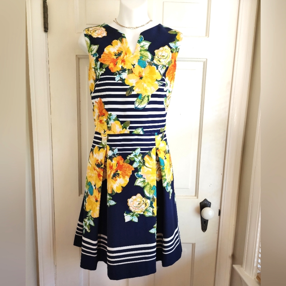 Dress Barn Fit and Flare Striped Floral Dress Navy Blue & Yellow